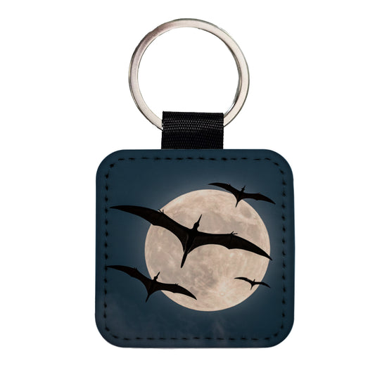 Pterodactylus Silhouettes Night Dinosaurs Square Faux Leather Keychain