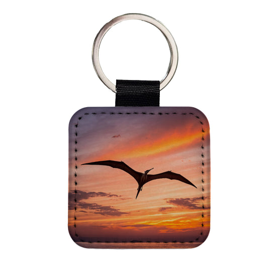 Pterodactylus Sunset Dinosaur Square Faux Leather Keychain