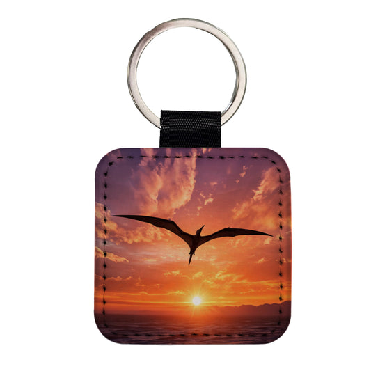 Pterodactylus Sunset Flying Dinosaur Square Faux Leather Keychain