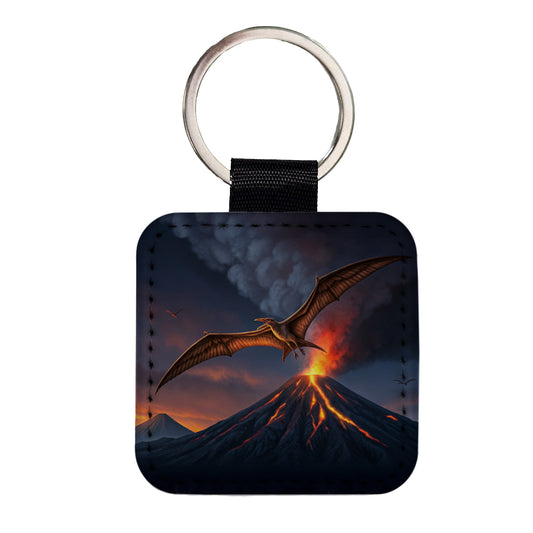 Pterodactylus Volcano Erupting Dinosaur Square Faux Leather Keychain