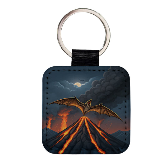Pterodactylus Volcano Flying Dinosaur Square Faux Leather Keychain