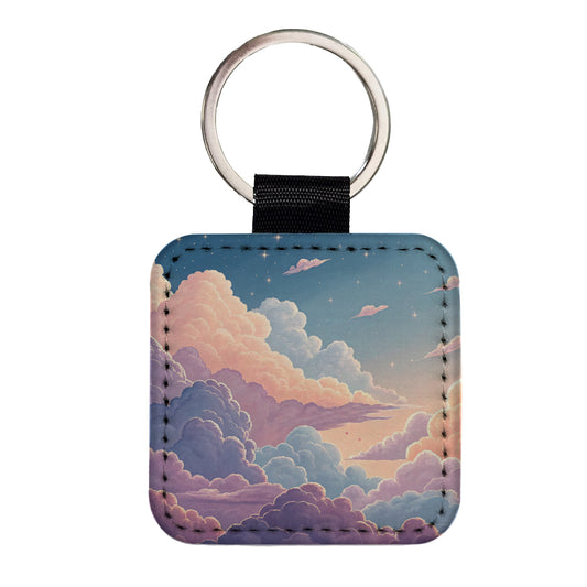 Puffy Clouds Sky Pastel Beautiful Square Faux Leather Keychain