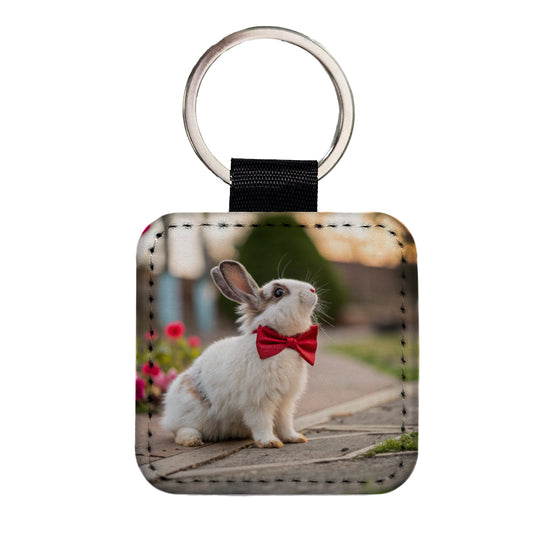 Rabbit Wearing Bow Tie Funny Easter Square Faux Leather Keychain