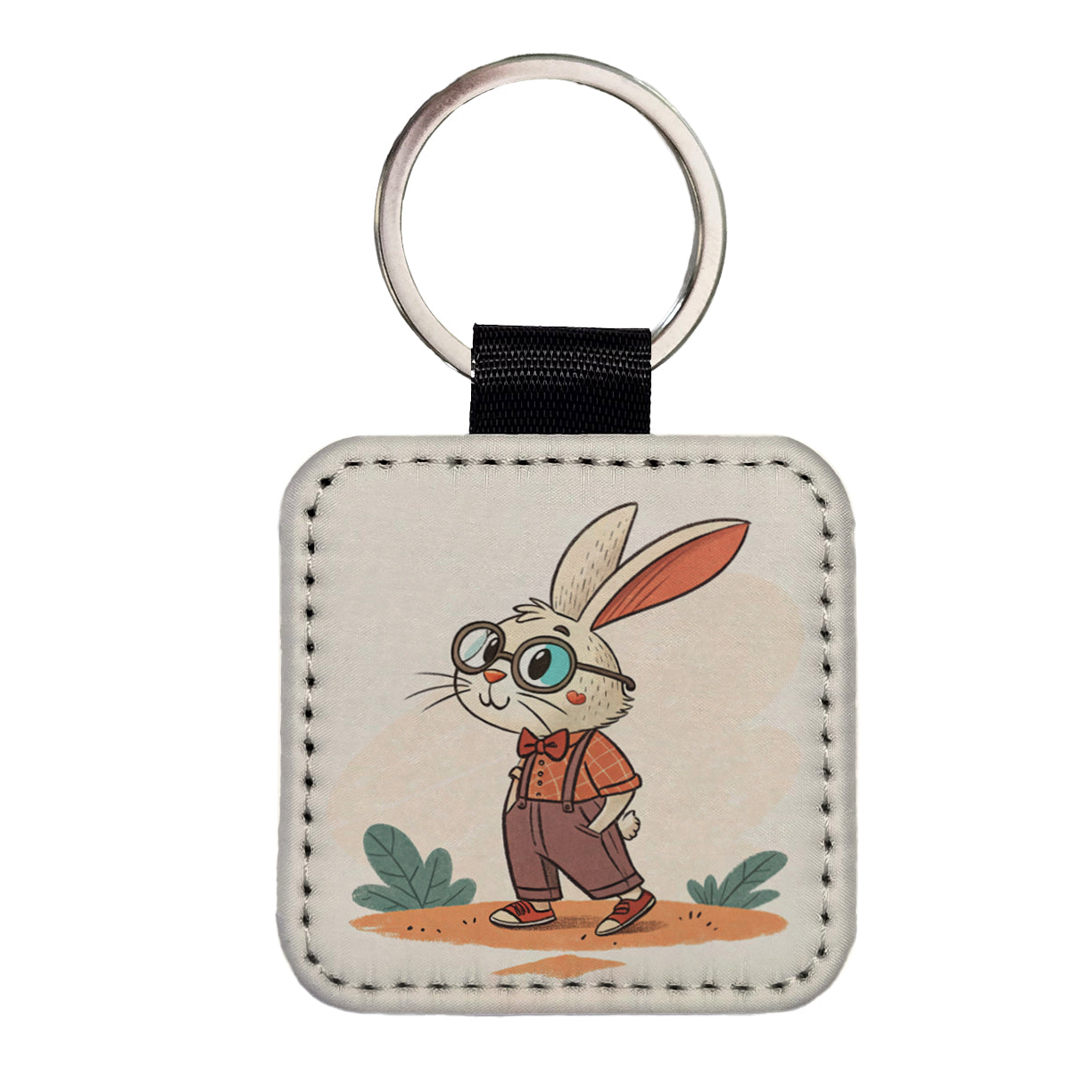 Rabbit Wearing Glasses Nerdy Cute Easter Square Faux Leather Keychain