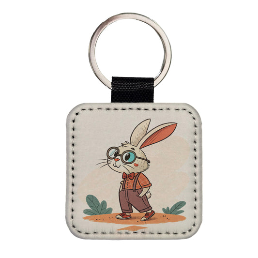 Rabbit Wearing Glasses Nerdy Cute Easter Square Faux Leather Keychain
