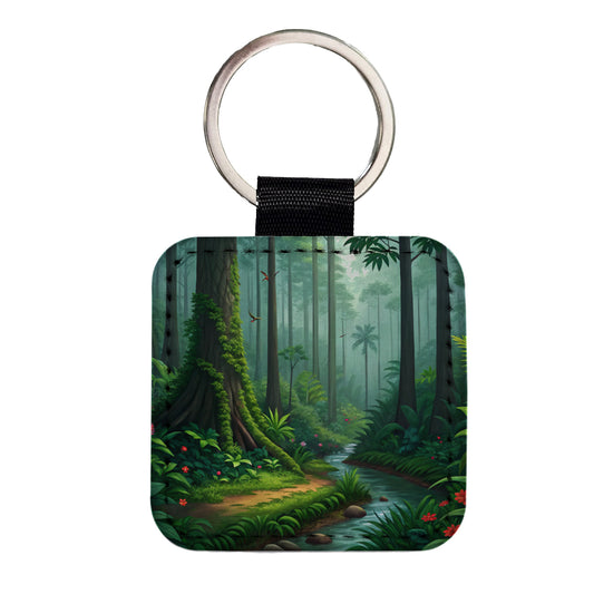 Rain Forest Beautiful Stream Square Faux Leather Keychain