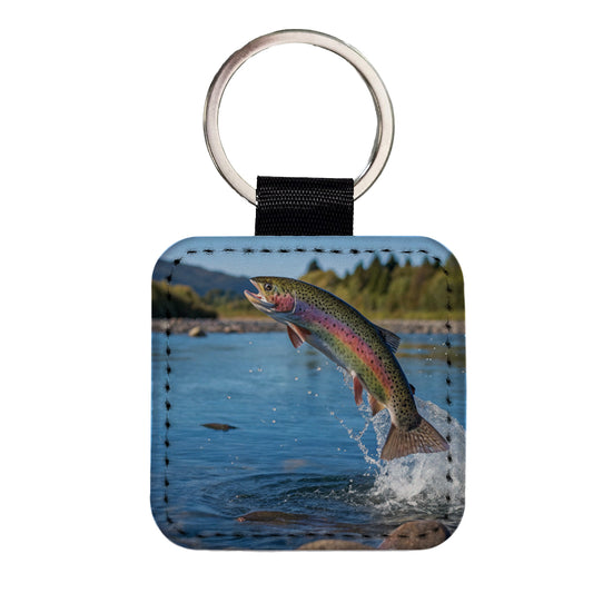Rainbow Trout Fish Jumping Fishing Square Faux Leather Keychain