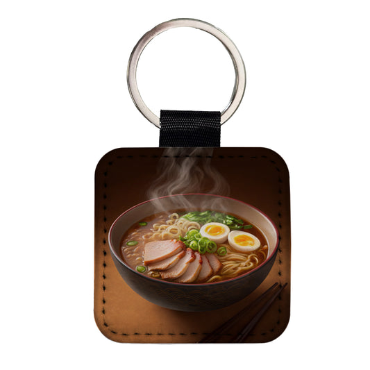 Ramen Bowl Noodles Dinner Square Faux Leather Keychain