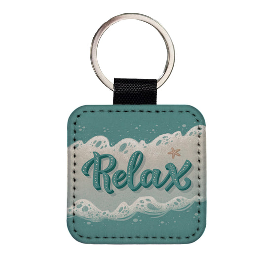 Relax Sea Foam Ocean Square Faux Leather Keychain