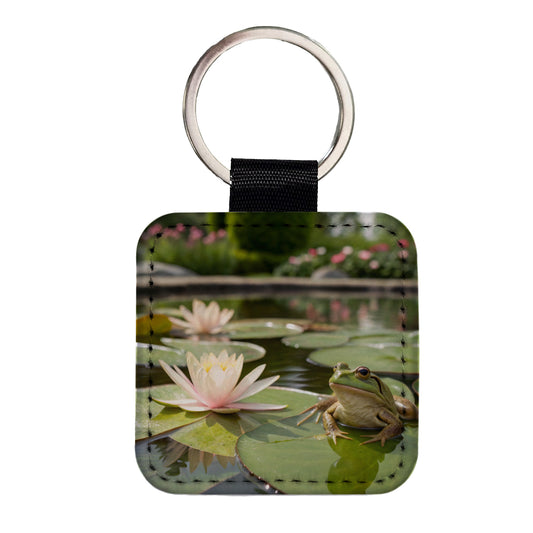Relaxed Frog On A Lily Pad Square Faux Leather Keychain