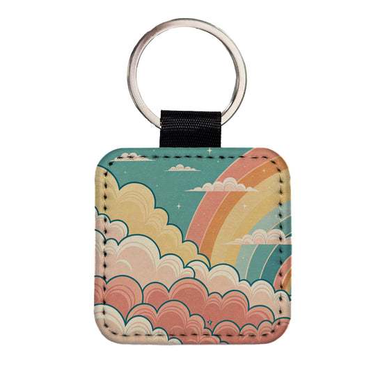 Repeating Puffy Clouds Retro Cute Rainbow Square Faux Leather Keychain