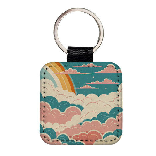 Repeating Puffy Clouds Retro Style Square Faux Leather Keychain