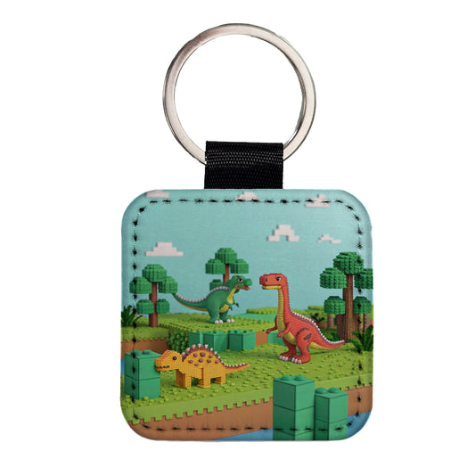 Retro 8 Bit Pixel Art Style Dinosaurs Roaming Square Faux Leather Keychain