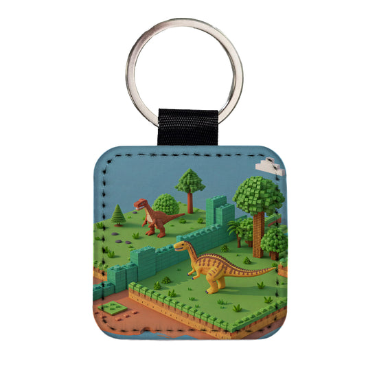 Retro 8 Bit Pixel Art Style Dinosaurs Square Faux Leather Keychain