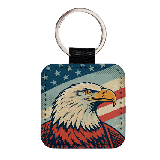 Retro Bald Eagle Patriotic USA United States Of America Square Faux Leather Keychain