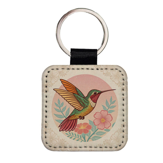 Retro Hummingbird Beautiful Square Faux Leather Keychain