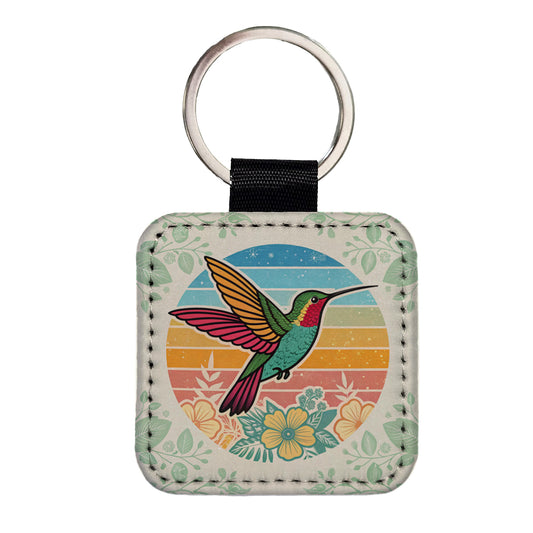 Retro Hummingbird Colorful Square Faux Leather Keychain