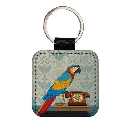 Retro Macaw Colorful Bird Square Faux Leather Keychain