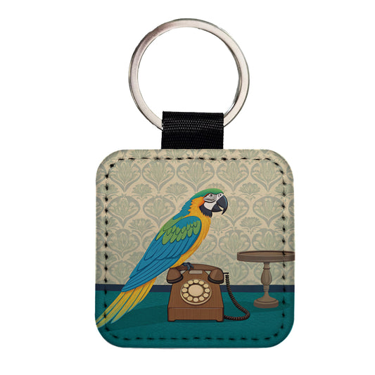 Retro Macaw Phone Bird Square Faux Leather Keychain