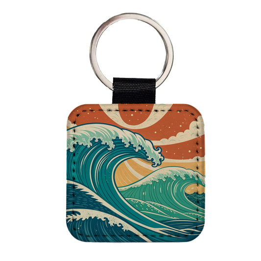 Retro Ocean Waves Colorful Drawing Square Faux Leather Keychain
