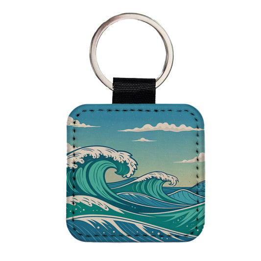 Retro Ocean Waves High Surf Square Faux Leather Keychain