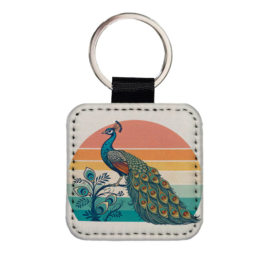 Retro Peacock Sun Square Faux Leather Keychain