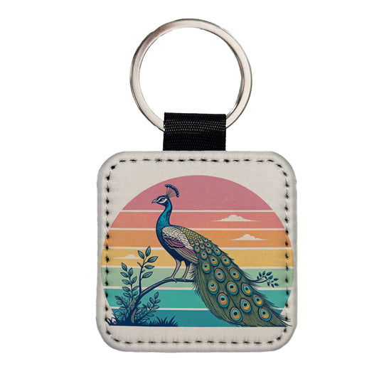 Retro Peacock Square Faux Leather Keychain