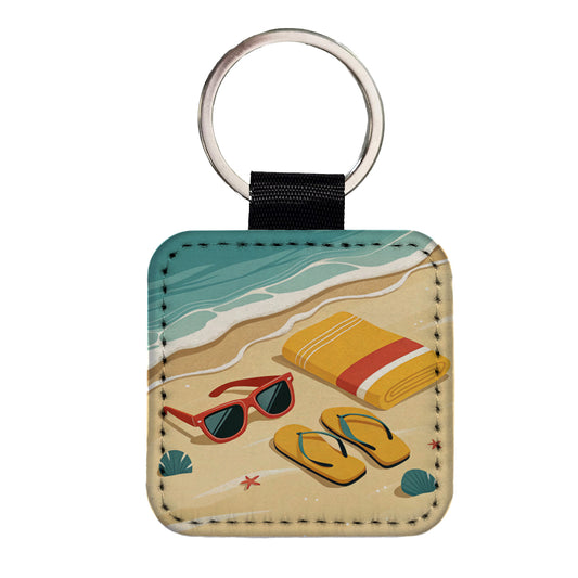 Retro Style Sunglasses Flip Flops Towel On Sandy Beach Square Faux Leather Keychain