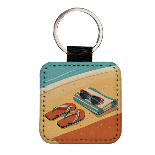 Retro Sunglasses Flip Flops Towel On Sand Beach Ocean Square Faux Leather Keychain