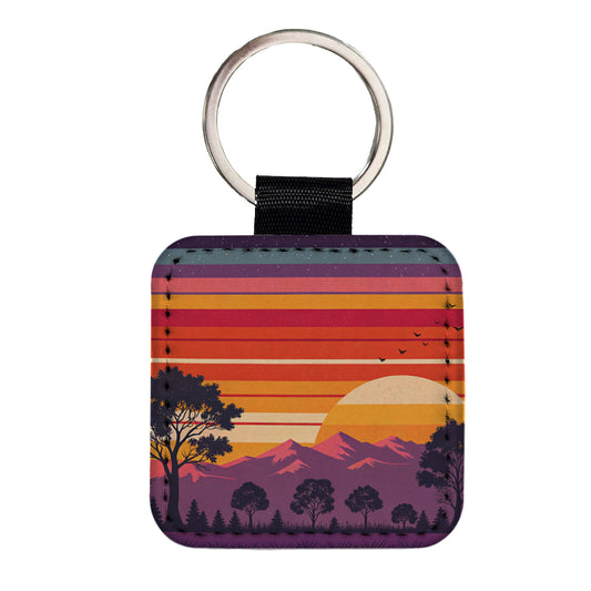Retro Sunset Stripes Mountains Square Faux Leather Keychain