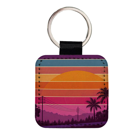 Retro Sunset Stripes Square Faux Leather Keychain