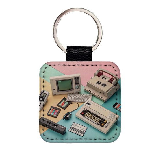 Retro Technology Collage Computer Square Faux Leather Keychain