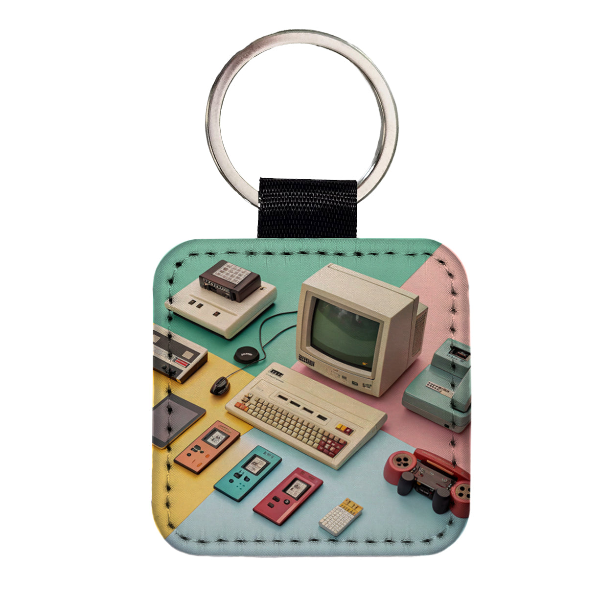 Retro Technology Device Computer Collage Square Faux Leather Keychain