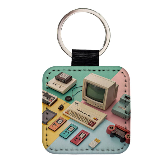 Retro Technology Device Computer Collage Square Faux Leather Keychain