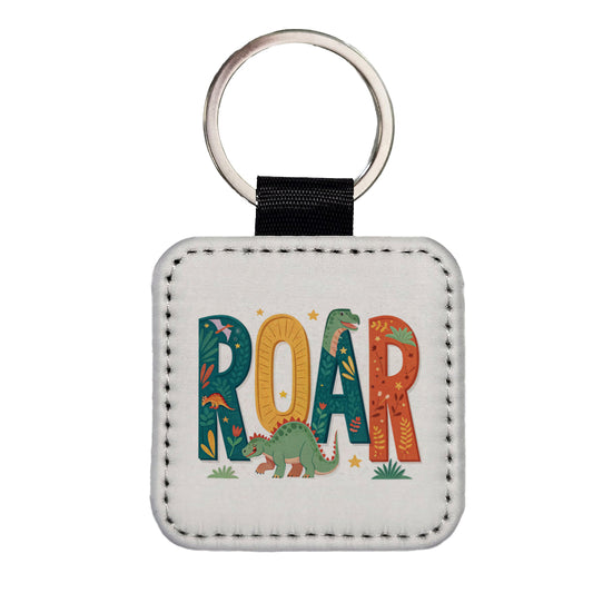 Roar Bold Colorful Dinosaurs Cute Square Faux Leather Keychain