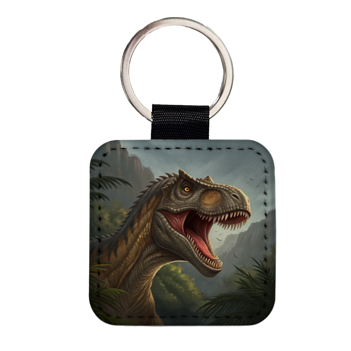 Roaring Allosaurus Dinosaur Mountains Square Faux Leather Keychain