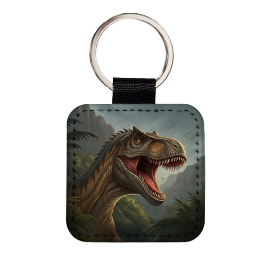 Roaring Allosaurus Dinosaur Mountains Square Faux Leather Keychain