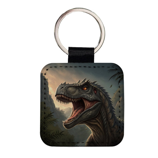Roaring Allosaurus Dinosaur Square Faux Leather Keychain