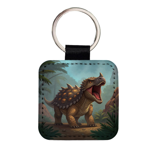 Roaring Ankylosaurus Dinosaur Mountains Square Faux Leather Keychain