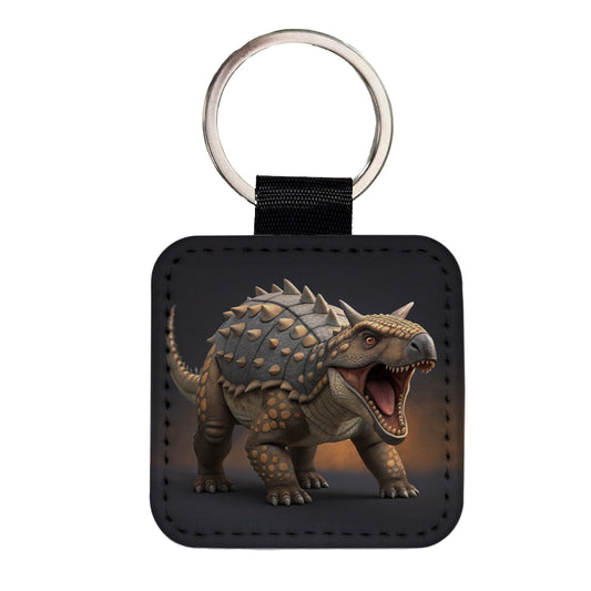 Roaring Ankylosaurus Dinosaur Square Faux Leather Keychain