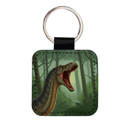 Roaring Apatosaurus Dinosaur Forest Square Faux Leather Keychain