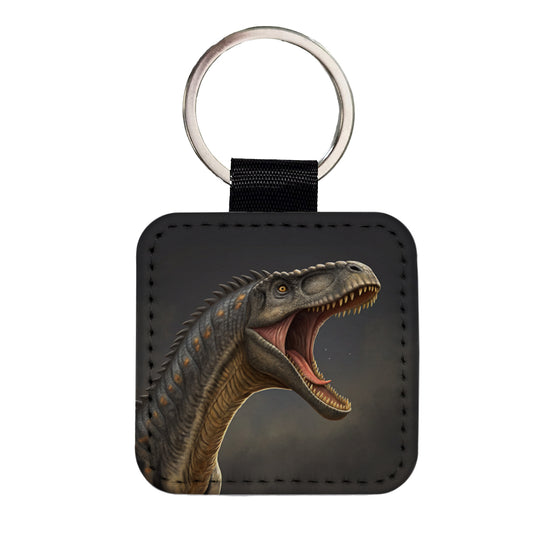Roaring Apatosaurus Dinosaur Square Faux Leather Keychain