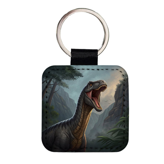 Roaring Argentinosaurus Dinosaur Mountains Square Faux Leather Keychain