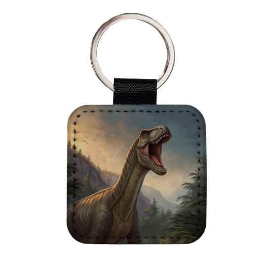 Roaring Argentinosaurus Dinosaur Square Faux Leather Keychain