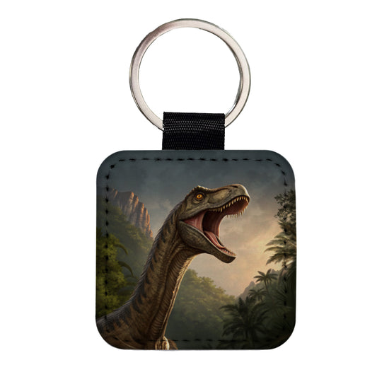 Roaring Brachiosaurus Dinosaur Forest Square Faux Leather Keychain