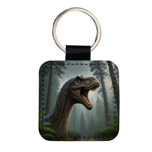 Roaring Brachiosaurus Dinosaur Square Faux Leather Keychain