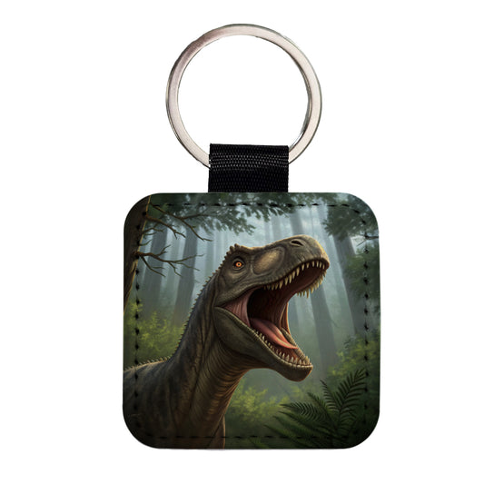 Roaring Brontosaurus Dinosaur Forest Square Faux Leather Keychain