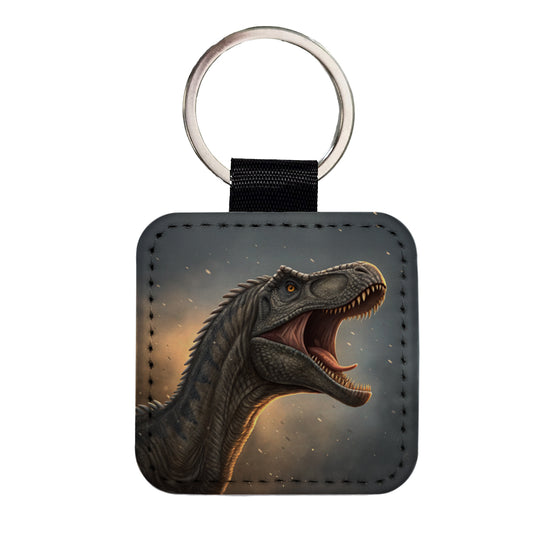 Roaring Brontosaurus Dinosaur Square Faux Leather Keychain