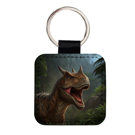 Roaring Carnotaurus Dinosaur Scary Square Faux Leather Keychain