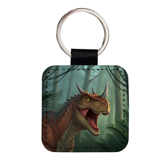 Roaring Carnotaurus Dinosaur Square Faux Leather Keychain